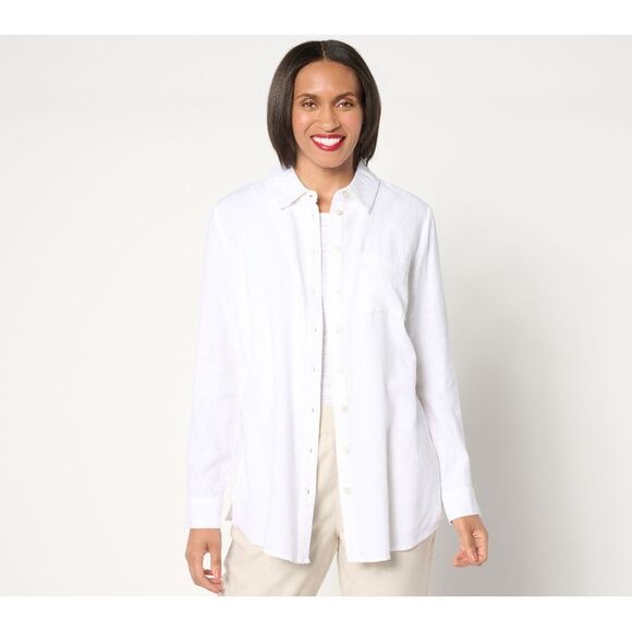 Denim & Co. Women's Top Plus Sz 2X Naturals Linen Blend Regular White A672160 - Picture 1 of 4